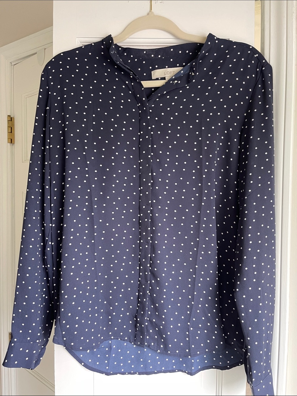 LOFT Navy and White Polka Dot V-Neck Blouse